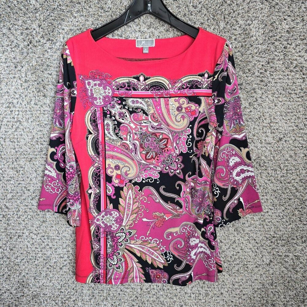 JM Collection Top Womens Small Red Pink Paisley Printed Tunic Embellished Blouse